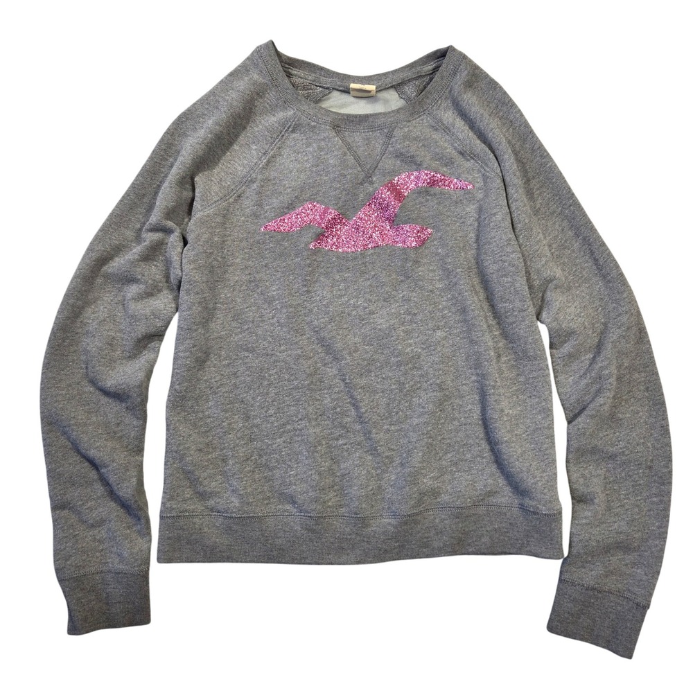Hollister Womens Grey Pink Glitter Seagull Logo Sheer Mesh Back Sweatshirt M Y2k
